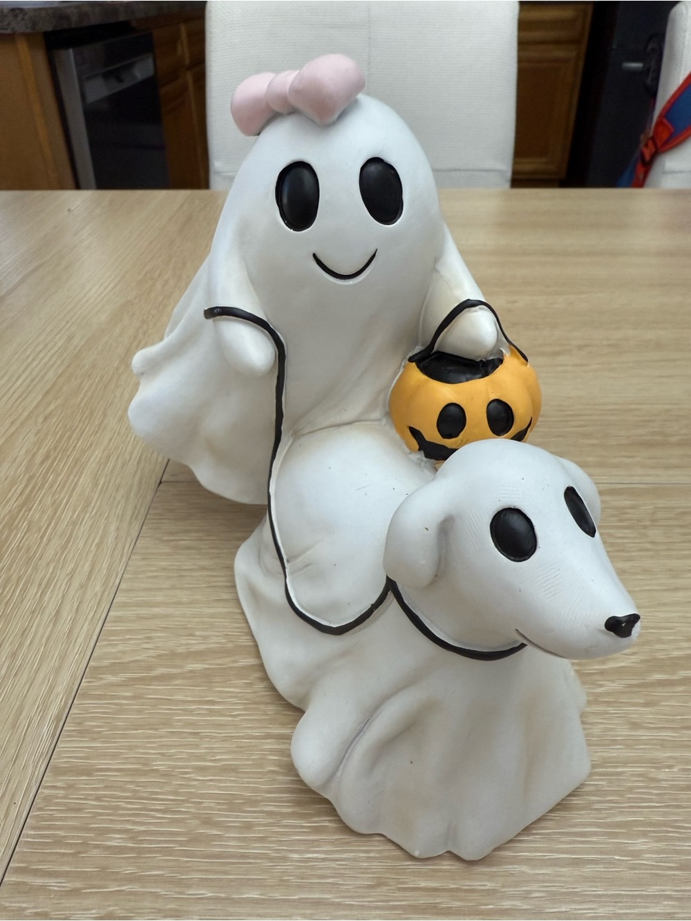 White Ghost Dog Halloween Pet Figurine with Pink Bow and Orange Pumpkin